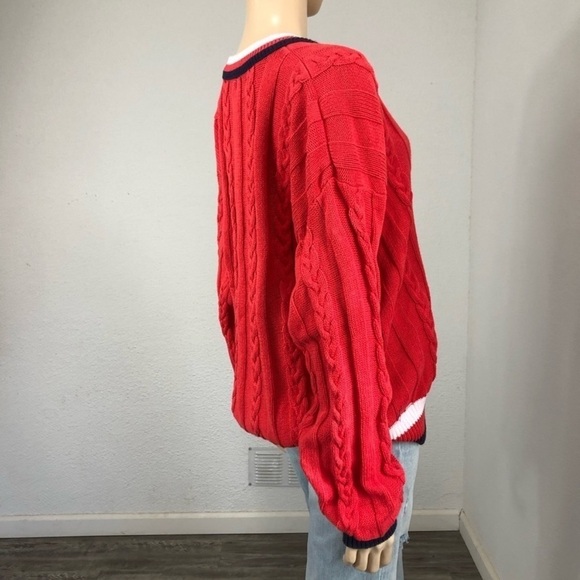 Vintage THE FOX Collection V-neck knit sweater long sleeve cotton red,white - Picture 6 of 16